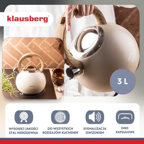 CZAJNIK STALOWY Z GWIZDKIEM 3L KLAUSBERG KB-7956 BEŻOWY MAT